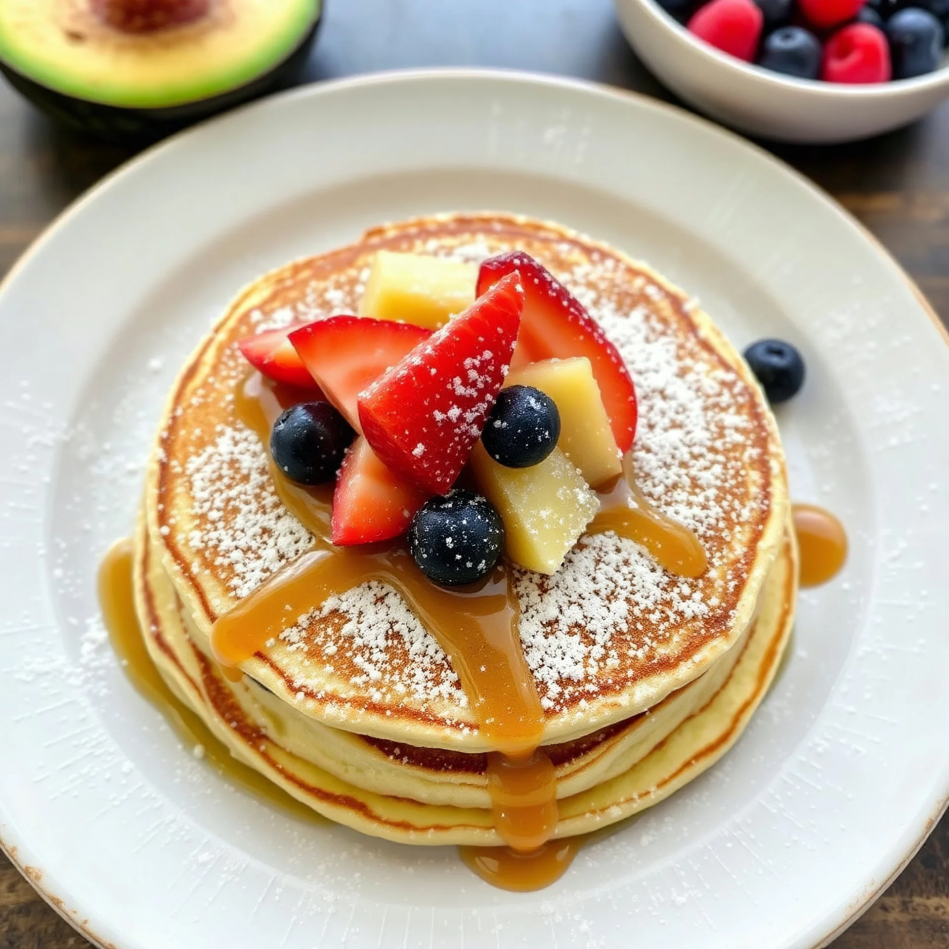 Full view of fluffy Mexican-style pancakes topped with cajeta, fresh fruit, and powdered sugar.