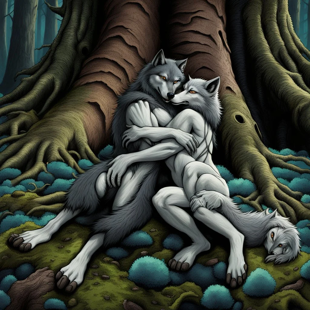 an anthropomorphic wolf-man hybrid in dark gray body hair and anthropomorphic wolf-female hybrid with pale gray body hair lie down hugging each other with paws on their backs on blue-green moss around brown huge trunks trees, raini day, high contrast, high detalied, high realistic, around in background giant tall alien trees, atmospheric, dark fantasy, sci-fi mood