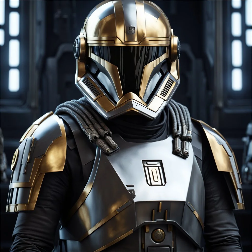 star wars bald male corellian pilot wearing pearlescent black and gunmetal grey First Order special forces heavy assault armor and helmet with gold trim inside the jedi temple, centered portrait, hyperdetailed, dynamic lighting, hyperdetailed background, 8k resolution, volumetric lighting, light skin, fully symmetric details