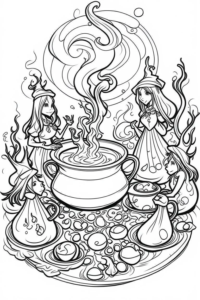 A cauldron bubbling with green potion, surrounded by witches casting spells. Outline, sketch style, only use outline, mandala style, clean line art, white background, no shadows, no clear wall, coloring page.