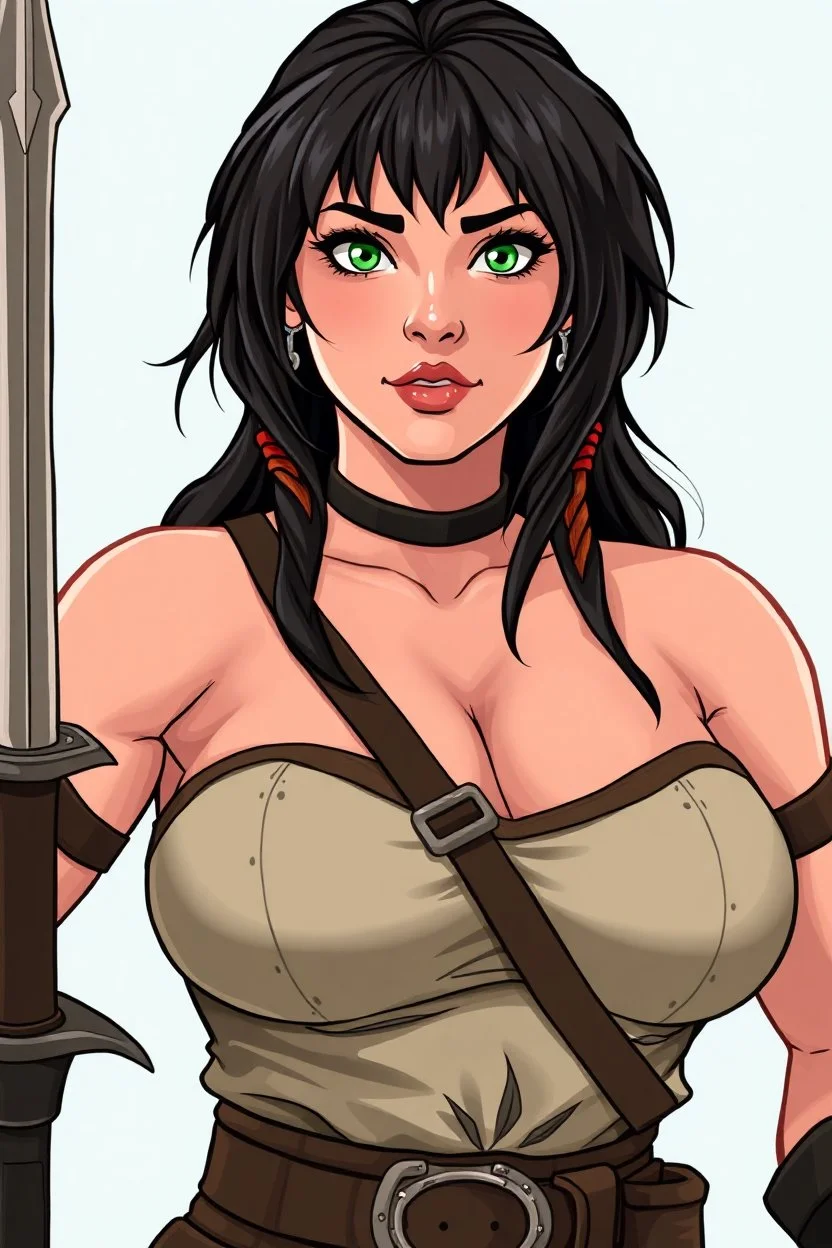 In a realistic, non-anime, vintage cartoon style: Bust shot of 35-year old, chubby Scandinavian dark-haired lady with green eyes and very thick lips who is dressed in the fighting gear like Warrior Princess (i.e. Xena)