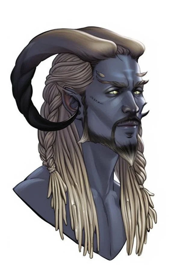 A tieffelin with blue skin and white Dreadlock hair. His pupil-less eyes are green. He wears a small beard. His horns are black and curved backwards. He wears a beige tunic.