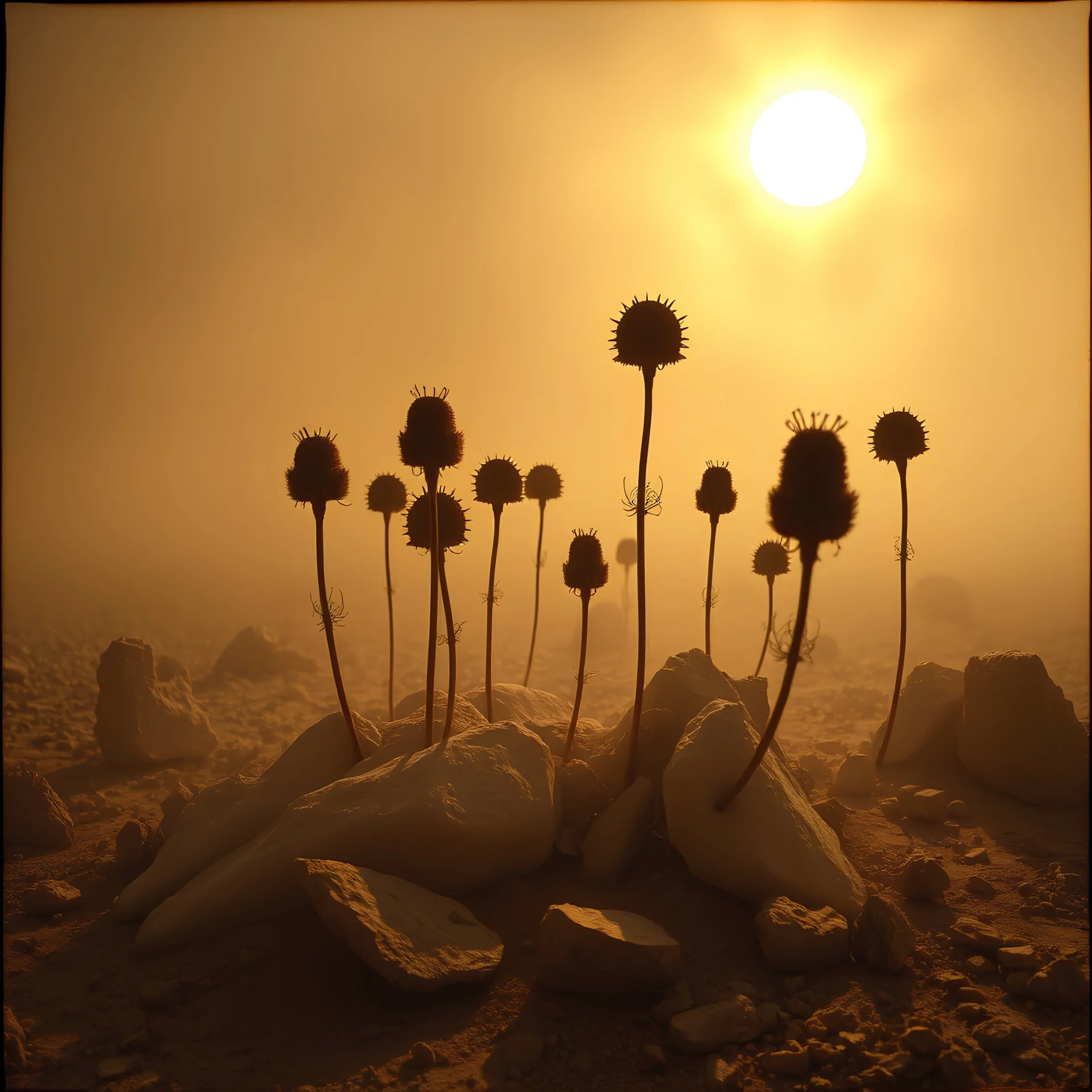 A striking quality Kodak photograph captures a wasteland with groups of plants, creepy, details of the dust very accentuated, glossy organic mass, adorned with minerals and rocks. Bathed in intense light, eerie, Max Ernst style, black sun, fog