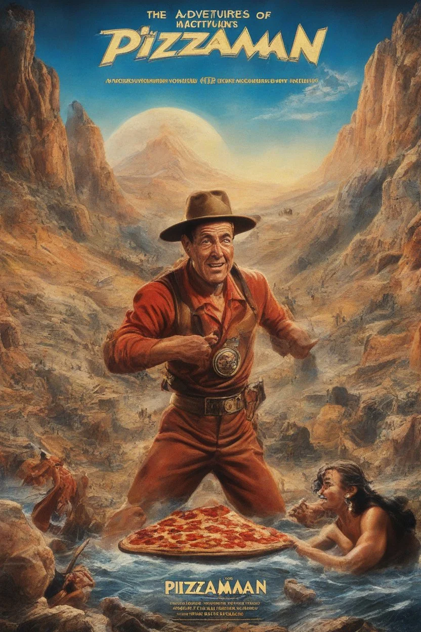 Create a movie poster for the 1939 movie "The Adventures of Pizzaman," Starring Hank Cavall, 4k, 8k, 16k, 32k, 100k UHD, Ultra-high resolution, photorealistic, 1080p, 4k, 8k, 16k, 32k, 100k UHD, Ultra-high resolution, photorealistic, 1080p, (matte skin:1.5), (extremely detailed face:1.5), (realistic human hair:1.5), (intelligent eyes:1.5), masterpiece, octane render, (long shot environmental portrait:1.8) photography, (ultra sharp focus:1.6), (ultra deep depth of field:1.5),