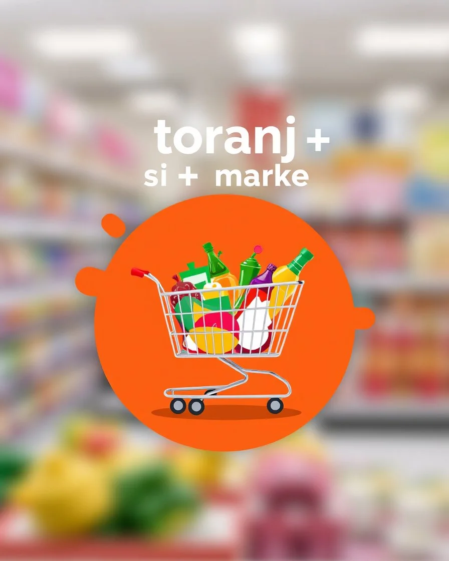 A beautiful design with a shopping cart in the middle filled with supermarket products on an orange, red and white background and the words (toranj plus market) at the top of the image as a logo.