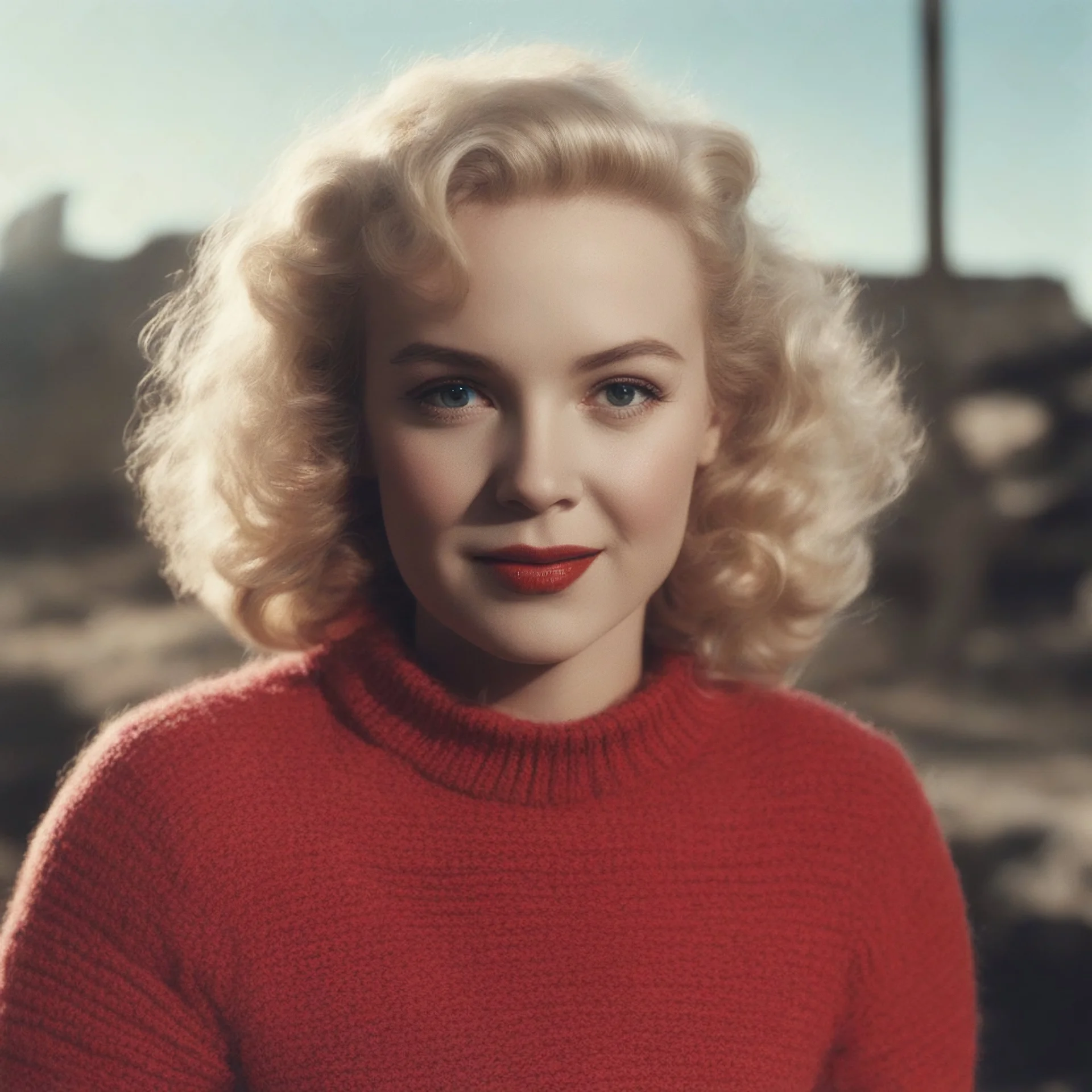 Childish Norma jeane baker in a red woollen sweater, in the sun