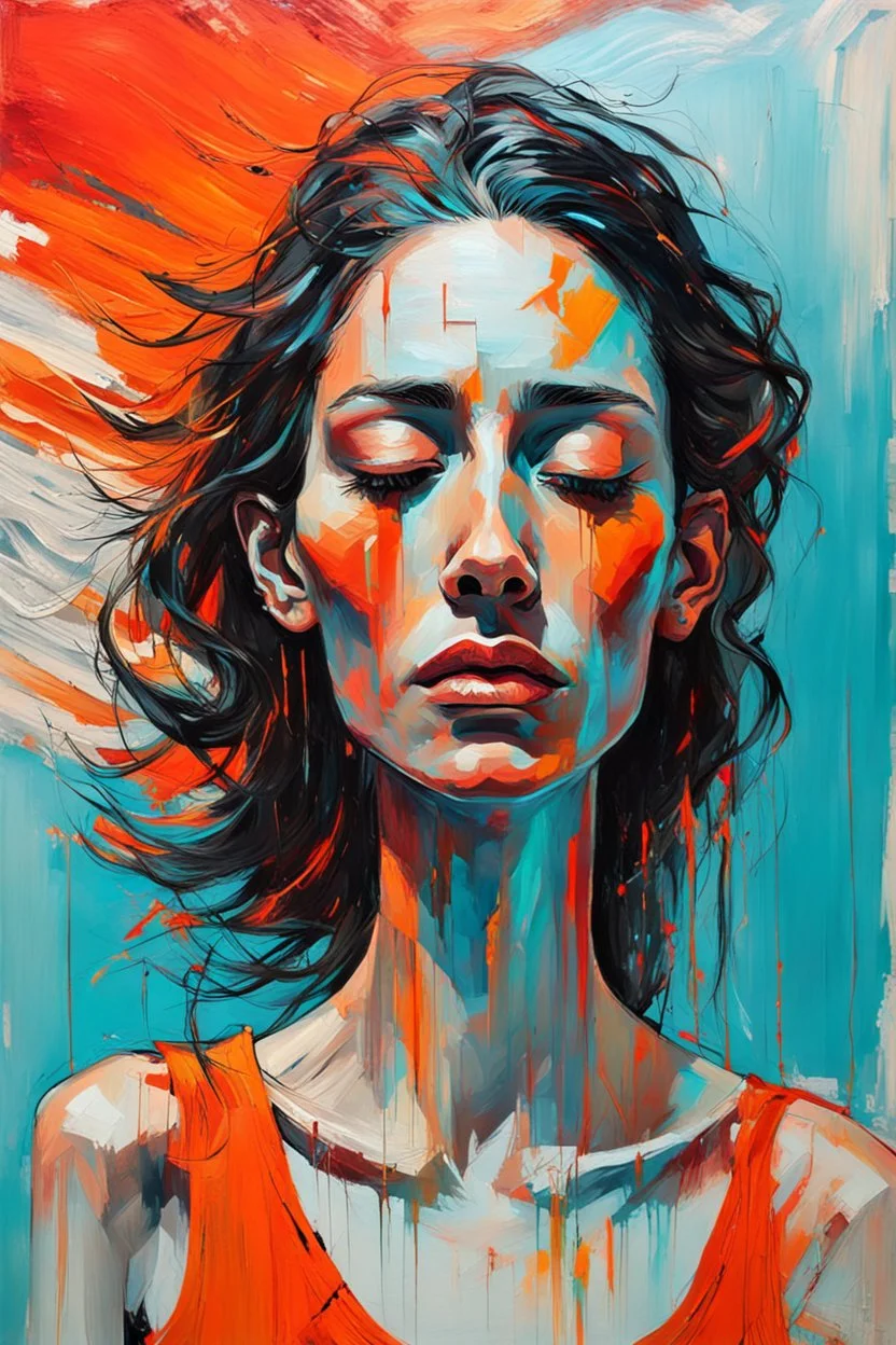 a portrait of a skinny woman with her eyes closed and having a headache, acrylic and tint leak, epic vibrant, wlop : :, raggae art, detailed heavy impasto, dazzling colors of orange and red and black, wavy cyan streak glitches, olivia pendergast influence,