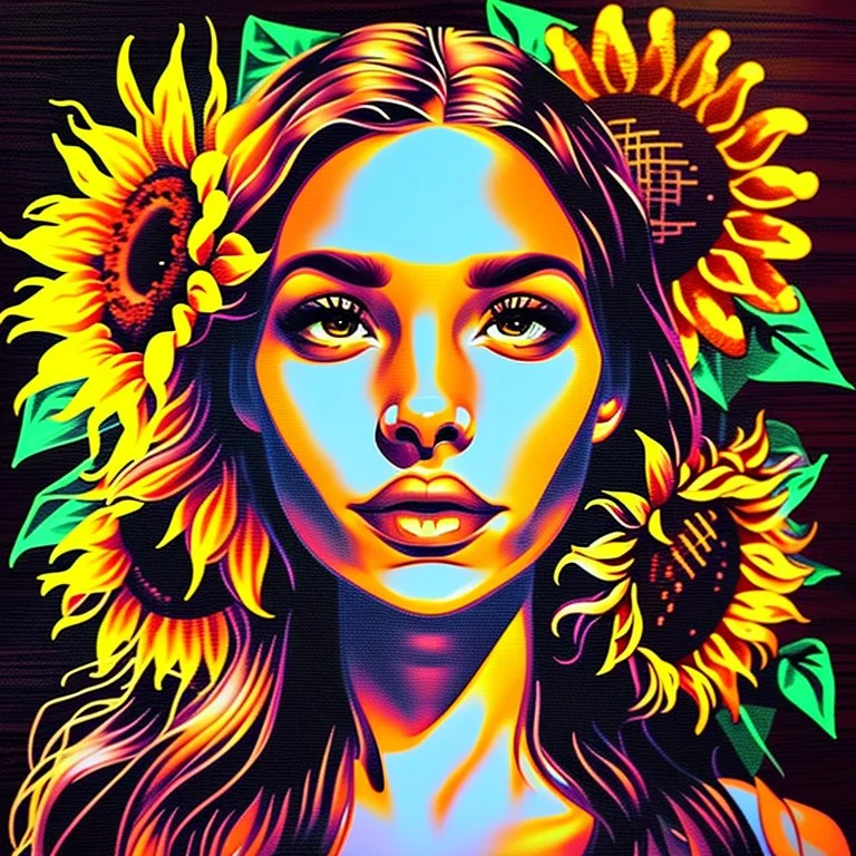 Portrait of a woman, sun and sunflowers, eclectic harmonic dot art