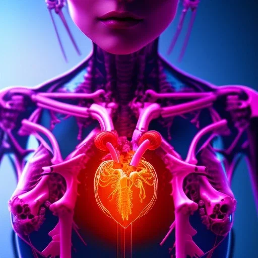 human heart, realistic, cyberpunk, bones, neon shining, dark red tones,