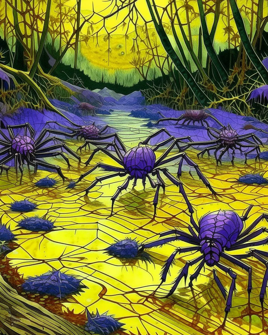 A purple swamp with spiders designed in Japanese origami painted by Vincent van Gogh