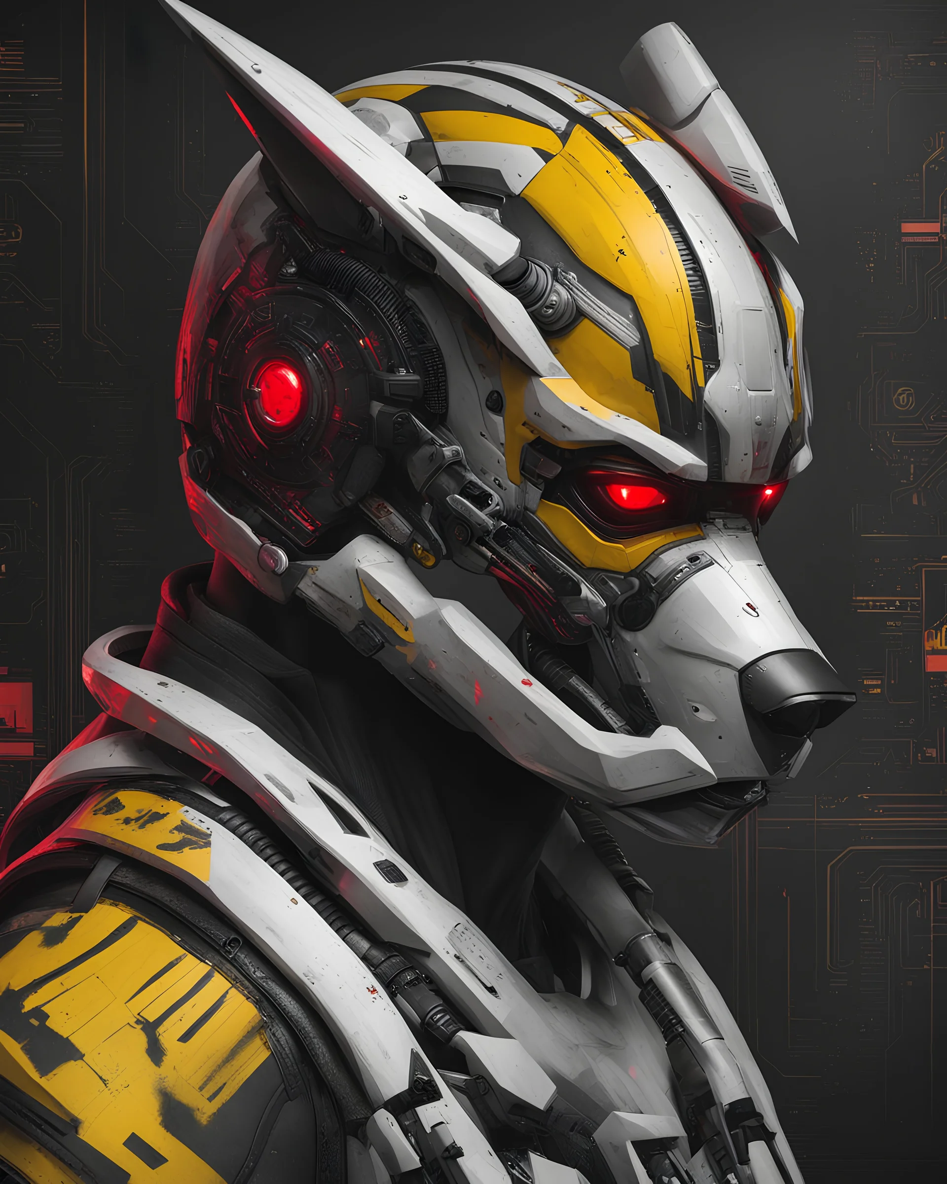 Dogman cyberpunk, lineal arte, intrincado, incredible work of art, black, White, red and yellow colors