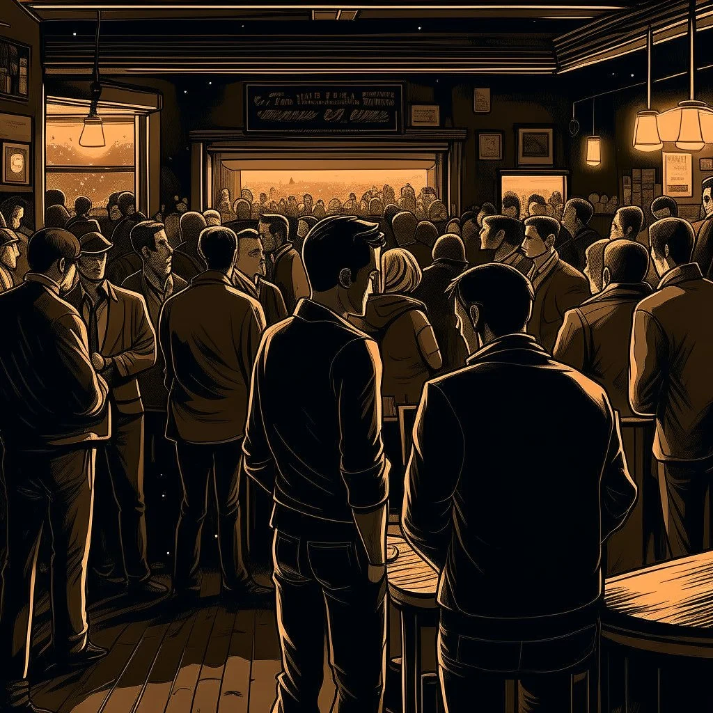 a single figure in a crowded bar at night