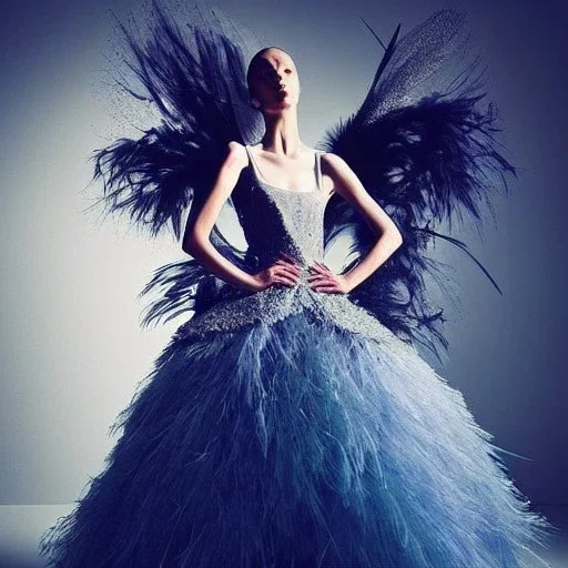 dress made out of feathers, sequins and tulle, stunning colors, chiaroscuro, fashion photography, vogue, dramatic, beautiful lighting, delicate composition, aesthetic, ballerina, ballgown