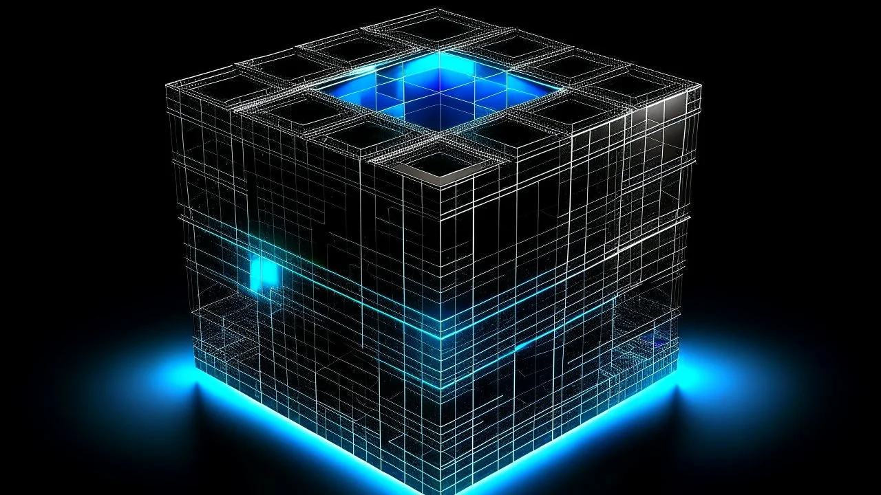 Cube tesseract located strictly in the middle of picture with space around it and with glow in tesseract, but without glow below it, without background or table. For 404 error page.