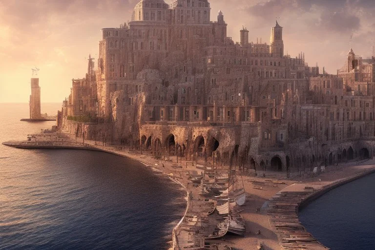 image taken of jaffa, by the sea shore, old stunning buildings, 4k, masterpice, award wining picture, realistic, higly detailed, in style of city of numemor from lord of the rings,