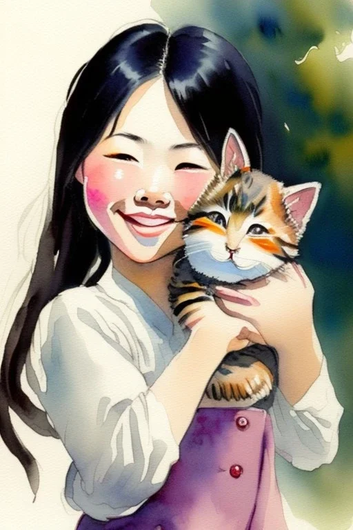 A cute smiling asian girl is holding a kitten. Watercolour