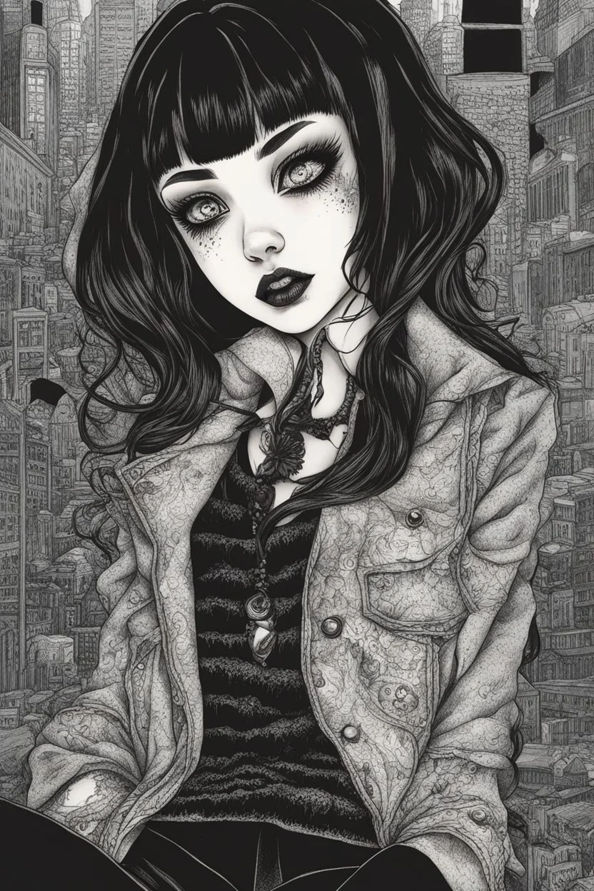 create a horror manga illustration of a dark haired, savage vampire gothpunk girl with highly detailed , sharply defined feminine facial features, in a chaotic, turbulent, otherworldly London in the manga style of Junji Ito, precisely drawn, inked, with dramatic edges,