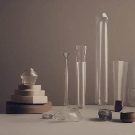 studio photography of a set of highly detailed irregular non-existent glass products, stacked in impossible balance, perfect composition, film studio light, beige color scheme, indirect lighting, 8k, elegant and luxurious style