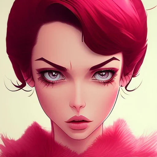 crystal clear blue eyes, and dark pink hair, dot eyebrows, woman, angry expression, pointy ears, long hair, sexy, young, beautiful