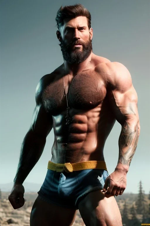 Ignore NSFW, teenager young rugged attractive slightly muscular fantastic handsome man, red briefs with yellow belt, hairy chest, (((visibly pisssing))) briefs, large erect visible boner peniss, photorealistic, artist Jay Anacleto, soft lighting, scruffy beard