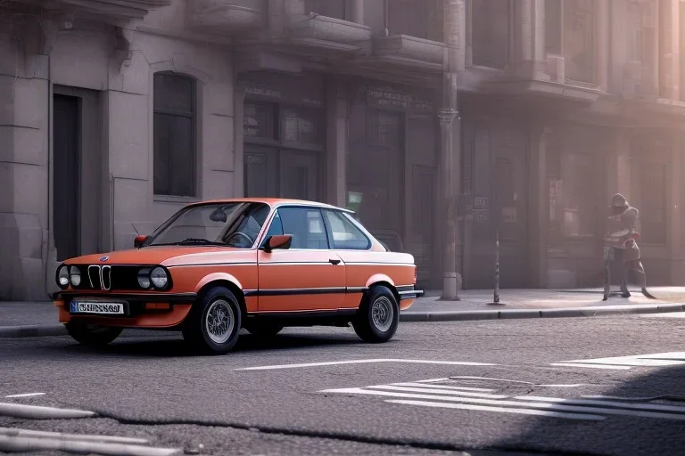 a 1990 bmw 2-door 4k ,ultra realistic,concept, 4k ,on street, parked in crowded city winter