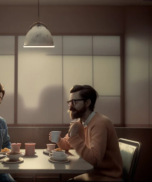 Realistic scene, man and woman sitting in cafeteria and having breakfast levitating, 0 gravity, Wes Anderson, soft color, highly detailed, unreal engine 5, ray tracing, RTX, lumen lighting, ultra detail, volumetric lighting, 3d, finely drawn, high definition, high resolution.