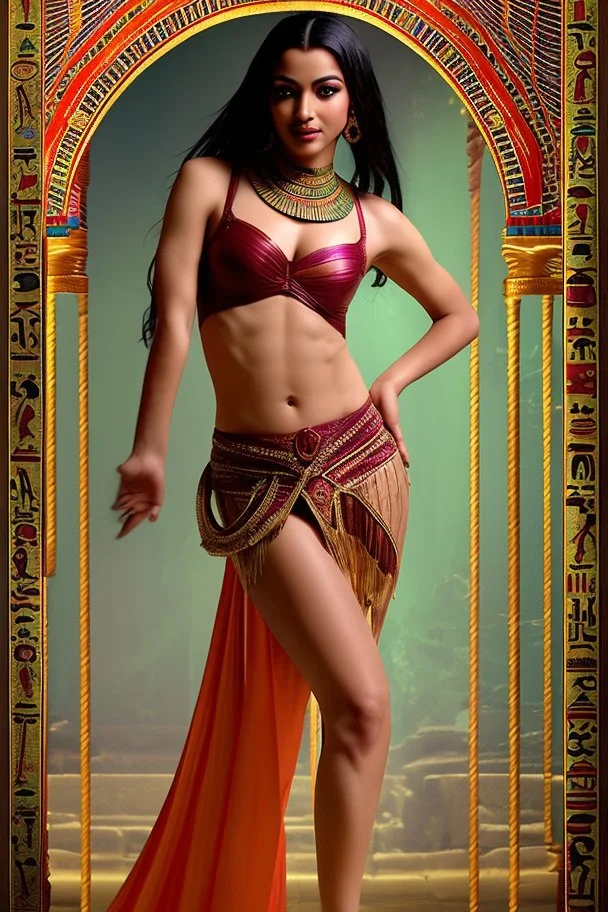 [ancien Egypt, real photography] Satiah's dance is a tantalizing symphony of temptation, a hypnotic blend of fluid movements that entwine with the desires of those who watch. With each sensuous sway of her hips, she evokes the ancient allure of Bilquis, the goddess who ensnared the hearts of kings and divinities alike. As the music's tempo ebbs and flows, Satiah's dance weaves a tale of empowerment and submission, dominance and surrender. Her fingers trace a path through the air, conjuring visi