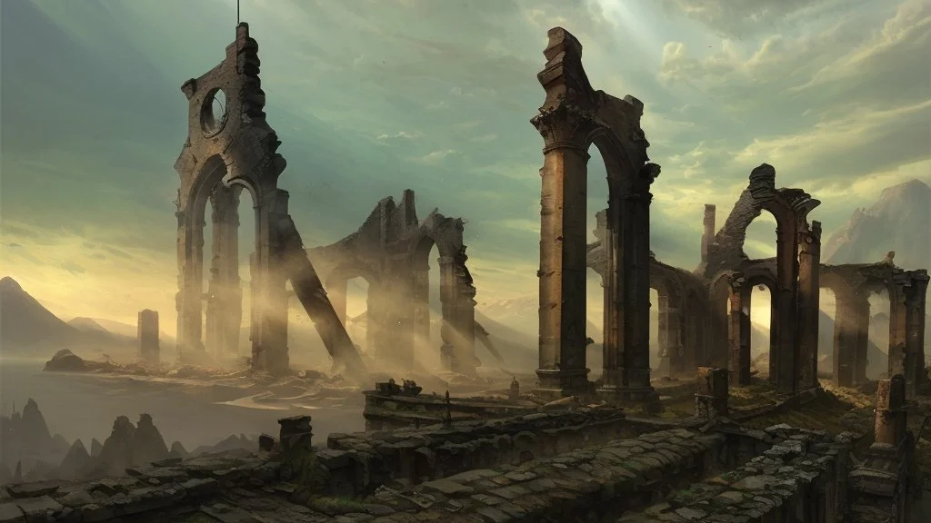 Destroyed City, medieval ruins, debris, stone, breched, brocken, Perspektiv from the sky, by Jean-Baptiste Monge, Ivan Bilibin, Albert Bierstadt, Reza Badrossama, watercolor ink, pencil sketch, splash art, intricate details, fantasy, beautiful, oil on canvas, award winning, imperial colours, fantastic view, radient colours, very attractive, crisp quality