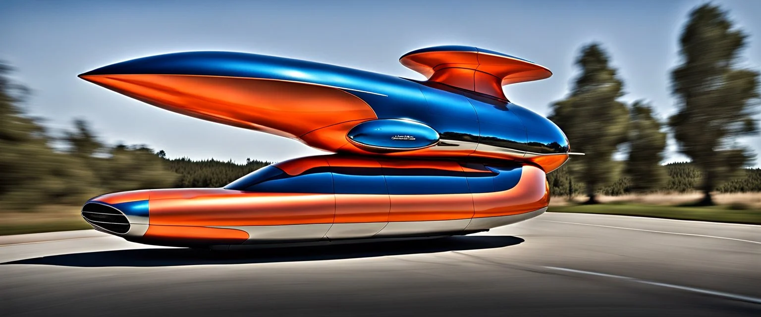 award winning car and driver photograph of a futuristic station wagon dirigible hybrid designed by only one vehicle per image painted metallic orange traveling at a high rate of speed, jet intake off of front center of vehicle and jet exhaust out the rear with bright blue flame, bilaterally symetrical, more a high speed road vehicle