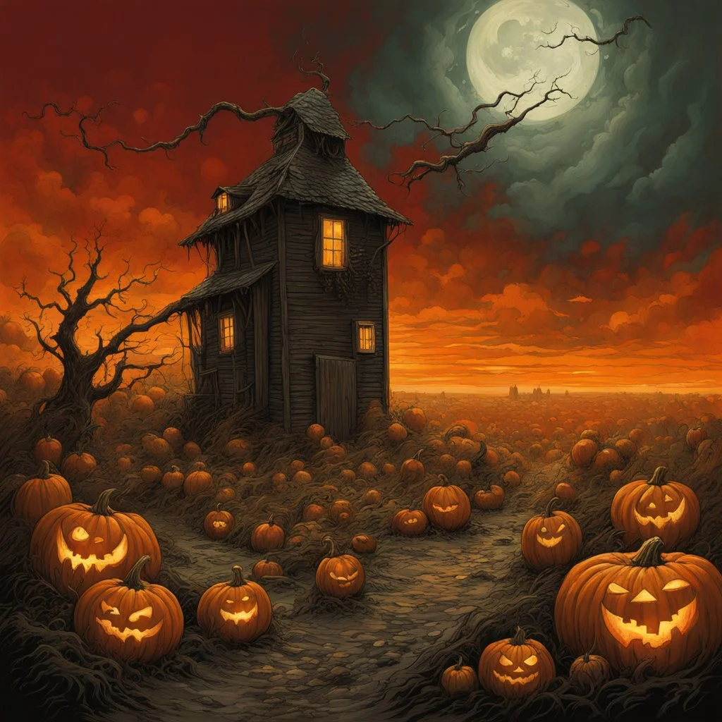 Lovecraftian Jack-O-Lantern Shoggoth looming over a barn, by Otto Rapp, by Jeremy Mann, by Mike Dubisch, harvest moon, expansive color illustration surreal horror masterpiece; dramatic; stygian cornfield farm, deep red-black-orange colors.