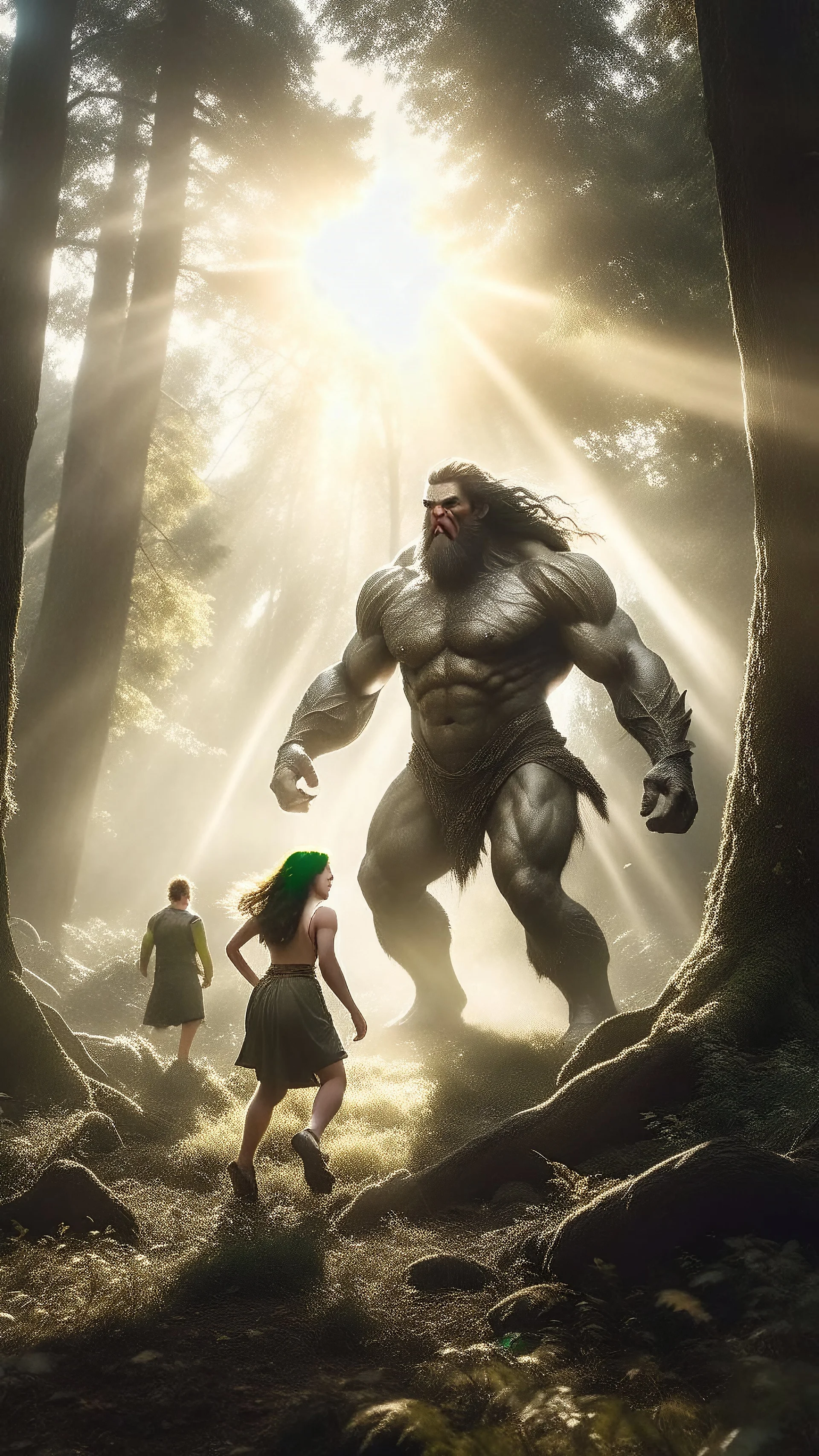 A giant Nephilim in forest in background. Sunlight through clouds. Giant Nephilim holding a beautiful girl in his hands and other women running away from the giant Nephilim