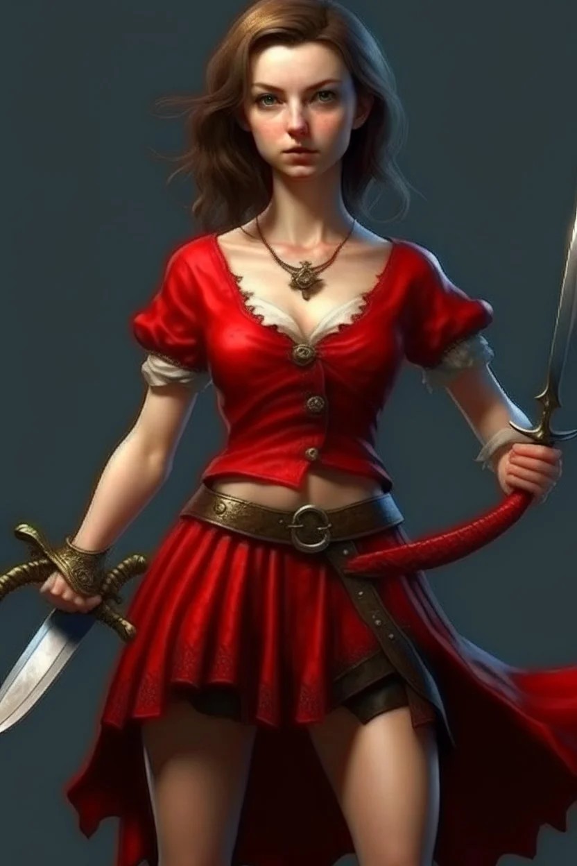 a young witch in a red low-cut short skirt, with a sword in one hand, photorealistic, delicate detail.