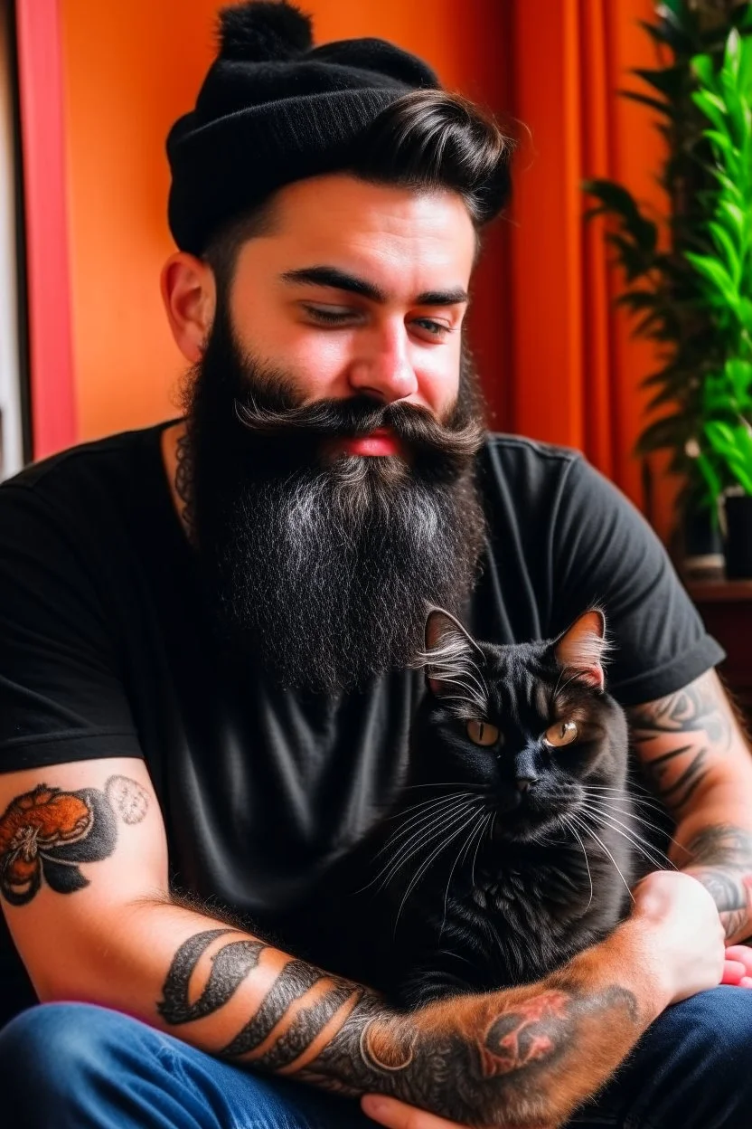 cozy vibes art guy with black beard with calico cat