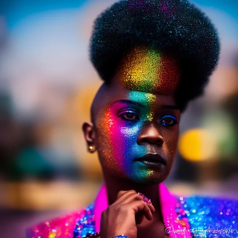 older man, fourty years old, masterpiece, best quality, family of three, ebony skinned, sparkling eyes, fluorescent skin, colorful makeup, afro, highly detailed body, afrofuturism, scifi, sun light, 4K, RAW, depth of field, high contrast, realistic details, 24mm