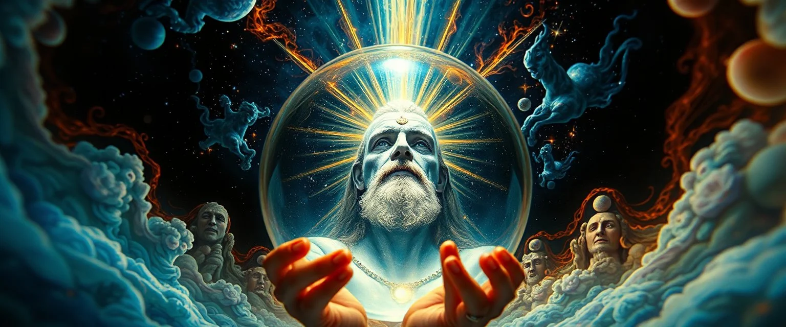 pinhole pic into 4th dimension ,awake within a dream, portrait of ascended chakra master blaster, master oil painting by Rembrandt, escape route from our dimensions, hidden even to the zebra worm hole inside crystal ball