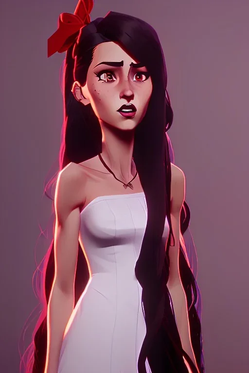 Maria, West Side Story, light brown skin, bright red lipstick, long dark brown hair, white flowy dress with a red ribbon only around the waist, straightened hair, White Heels, long black eyelashes, single person