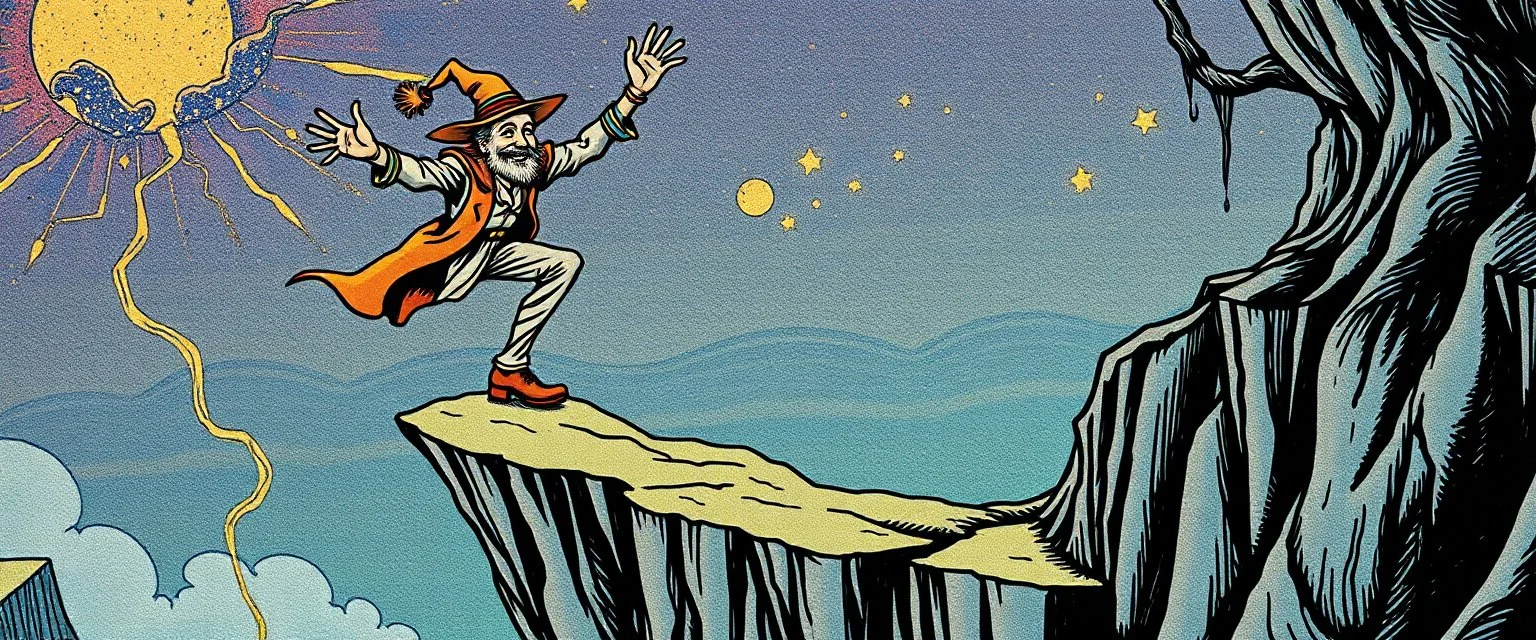 the fool from major arcana tarot,dancing joyfully on the edge of a cliff, close up portrait of dj magic farmer pilot looking down on cam, with background in the style of escher and giger, a chill contrapunctus fugue in the style of fsol, beethoven, held up and protected from disaster