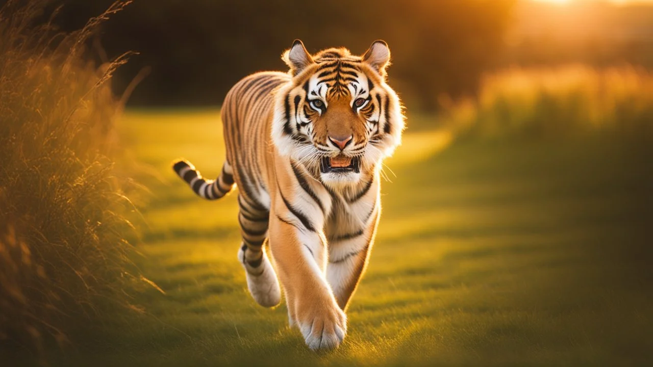 ((cheerful tiger, running, grassy field), sunny, bright, (golden hour lighting), soft focus, vibrant colors), polaroid, photograph, professional photograph, (high resolution, cinematic composition, telephoto lens)