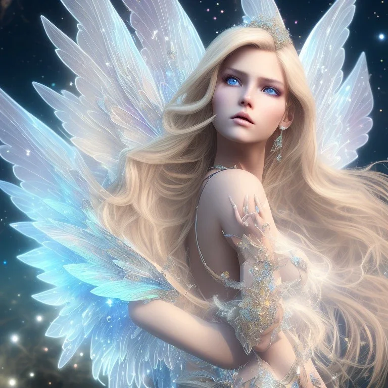 beautiful blonde fairy in a galactic ambiance, transparent wings, delicate colors, finely tuned detail, ultra high definition, 8 k, unreal engine 5, ultra sharp focus