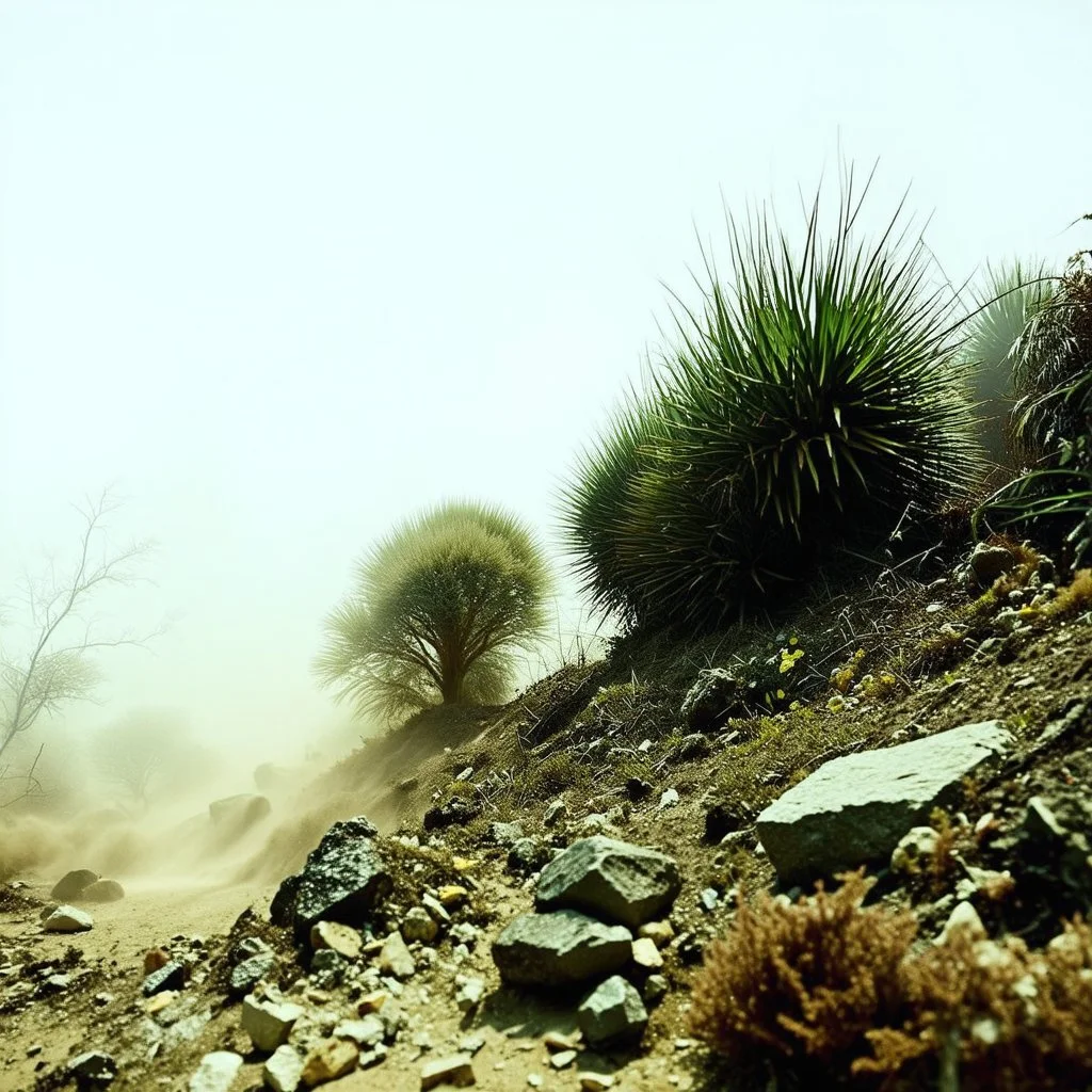 A striking quality Kodak photograph captures a wasteland with monsters and group of plants, creepy, details of the dust very accentuated, glossy organic mass, adorned with minerals and rocks. Bathed in intense light, eerie, Max Ernst style, sun, fog