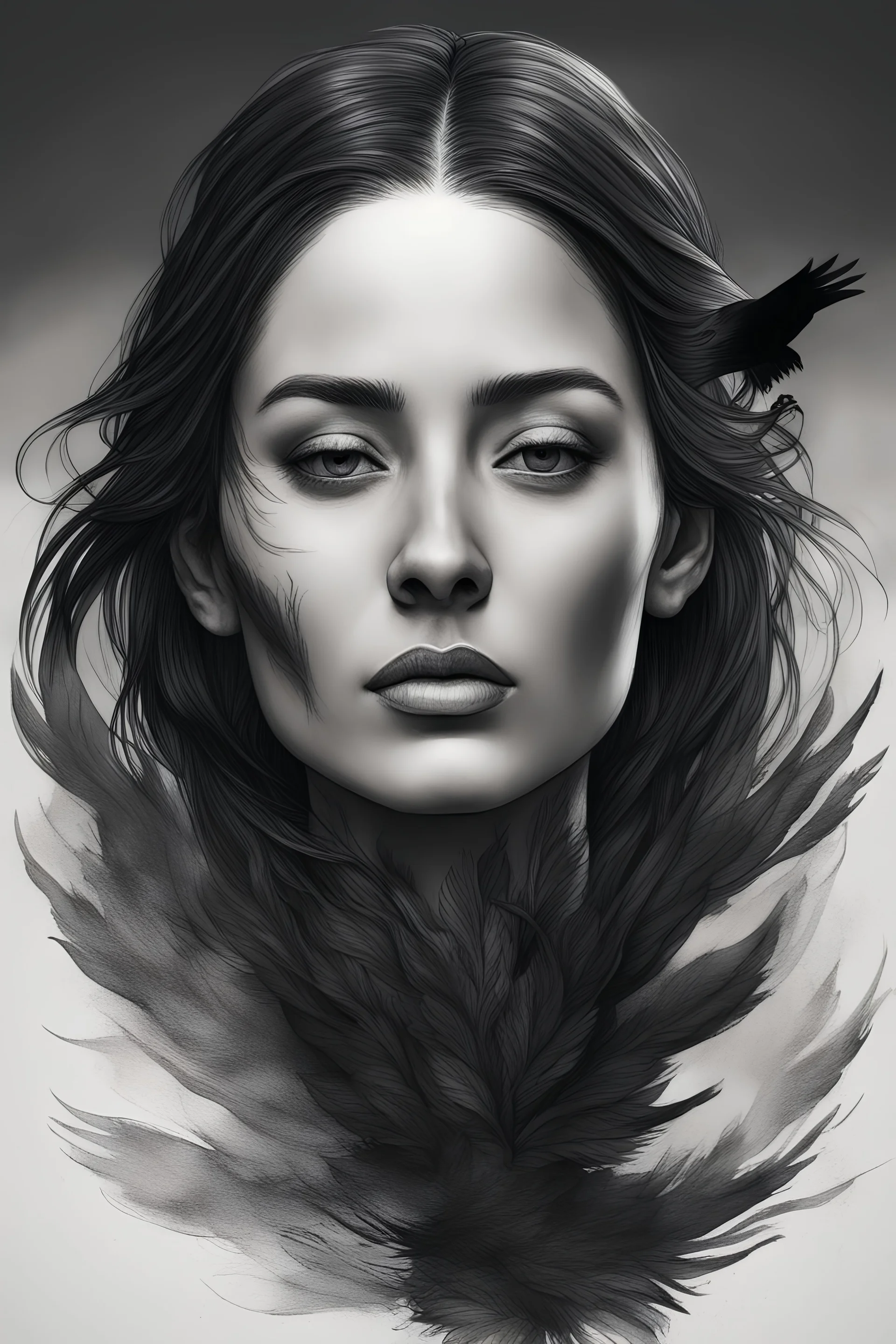 A high-definition, ultra-realistic, high-quality, 8K Ultra HD, 8k ultra, hd, render of a woman in a Raven-inspired ink drawing, focusing on her face and shoulders. It should display expressions of calm and mystery - a gentle gaze and a slight, enigmatic smile. Her hair is black, smooth and long, enhancing her mystical aura. Her outfit includes a dark hooded cloak, embodying a mystical and powerful appearance, with subtle magical symbols woven into the fabric.