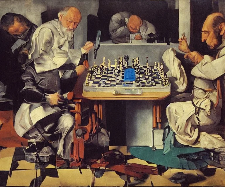 Complex Surgical Instruments,Putin, President Xi Of China And Joe Biden Play Chess with a Newborn Boy,Minimalism,Painting By Lucian Adrian Ghenie,Michelangelo,Freud,Rene Magritte,Salvador Dali,Pablo Picasso