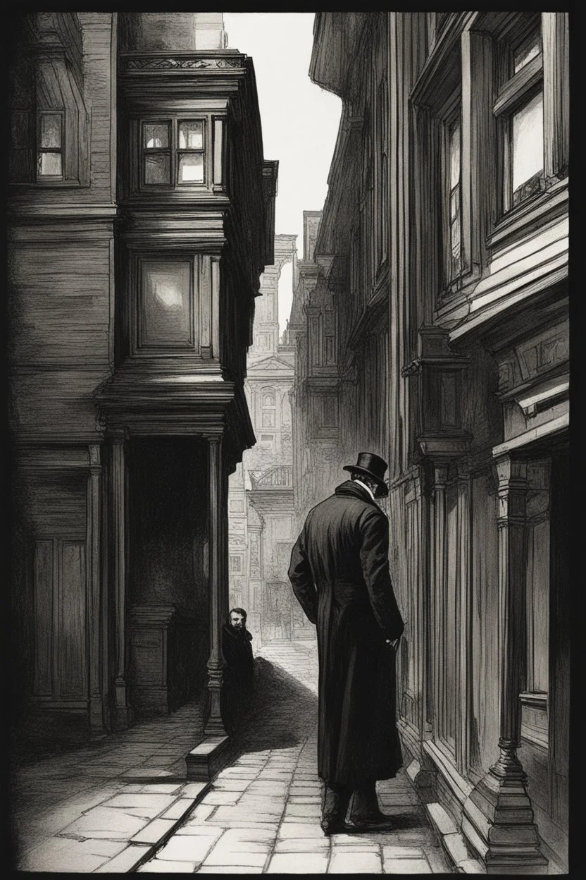 man in dark clothing, hiding around a corner while looking down on a brightly lit Victorian street