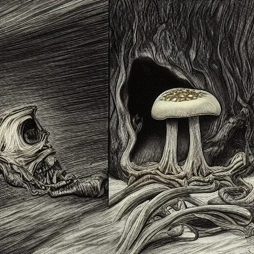 mushroom, photo realism, future, demons fighting, Andrew Wyeth, Gates of Hell, fire, Apocalyptic, Cheerleader, open door