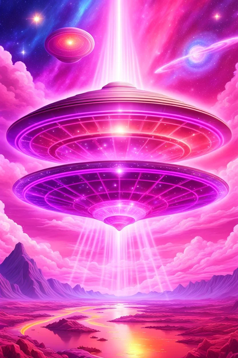 vaisseau interdimensionnel de couleur rose, grands rayonnements, dans un cosmos rose et jeu très étoilé d'or, 8K,ufo rainbow