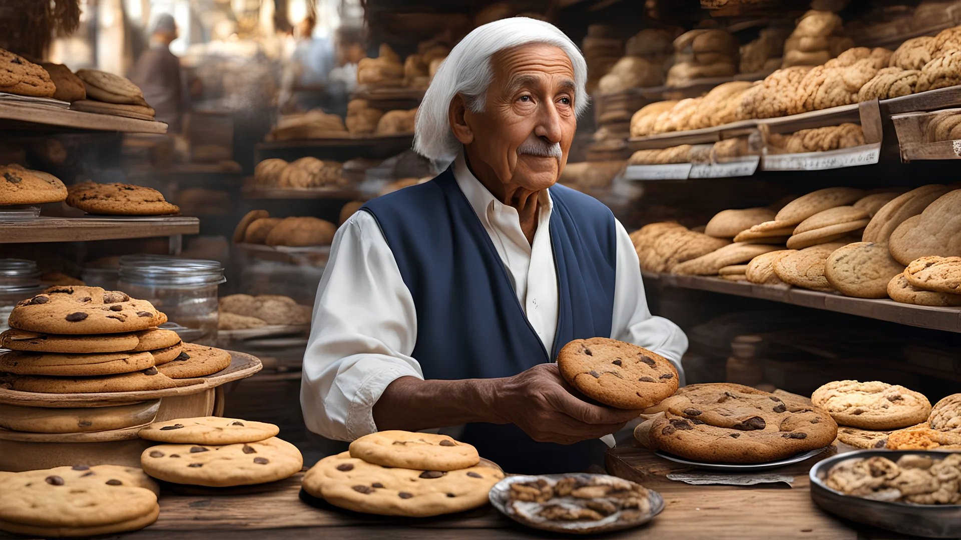 elderly male market trader selling many different types of cookie, showing his head and upper body, perfect eyes, perfect anatomy, exquisite composition, beautiful detailed intricate detailed octane render, 8k artistic photography, photorealistic, soft natural volumetric cinematic perfect light, chiaroscuro, award-winning photograph, masterpiece, raphael, caravaggio, bouguereau