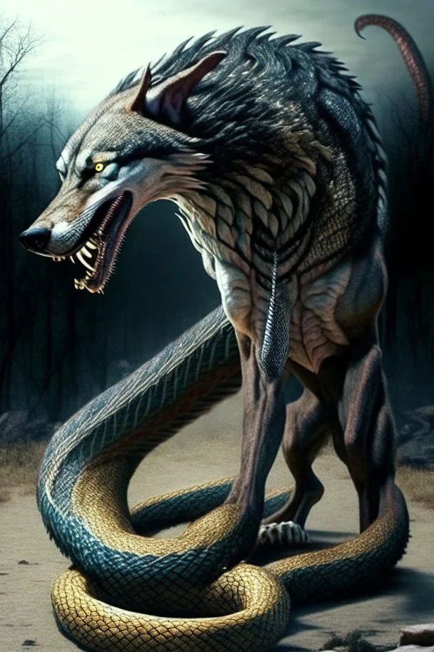 huge humanoid wolf with a snake instead of tail