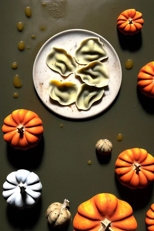 Cooking photo of wet Raviolis with truffle and pumpkin flying, minimal, olive oil, moisture, art, natural, ornaments, ceramic, marble, high kitchen, smooth, unreal engine 5, ray tracing, RTX, lumen lighting, ultra detail, volumetric lighting, 3d.