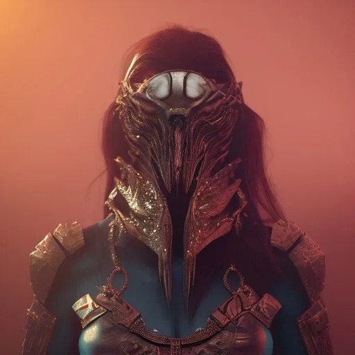 A badass queen wearing a predator mask,atmospheric, realistic, unreal engine, cinematic lighting, octane render.