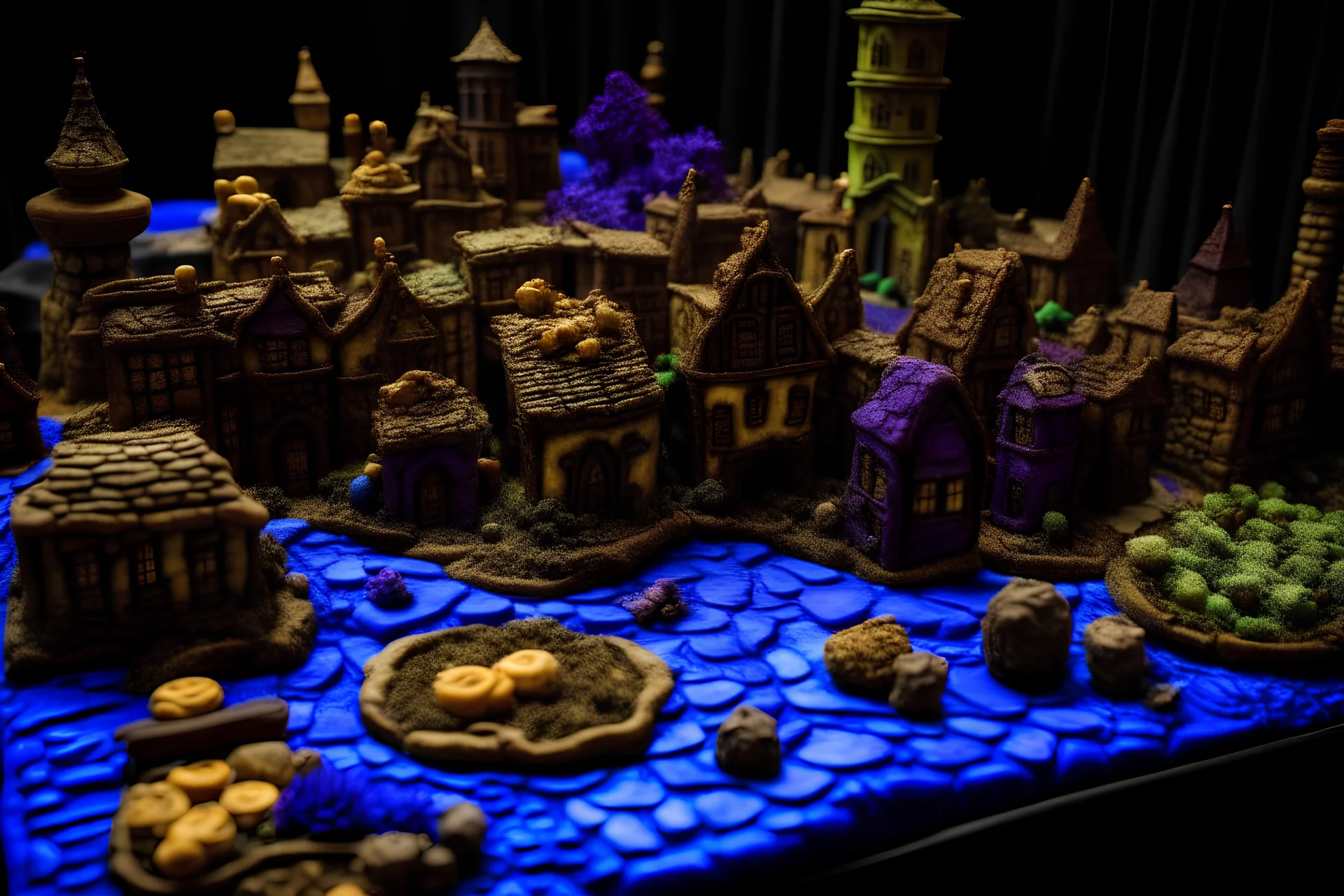 A violet undead village made out of cookies and cakes painted by Leonardo da Vinci